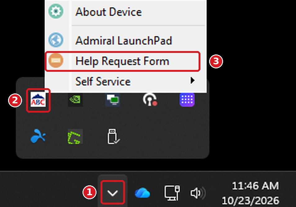 Windows taskbar: 1, the arrow next to the clock; 2, the ABC icon; 3, Help Request Form in the right-click menu